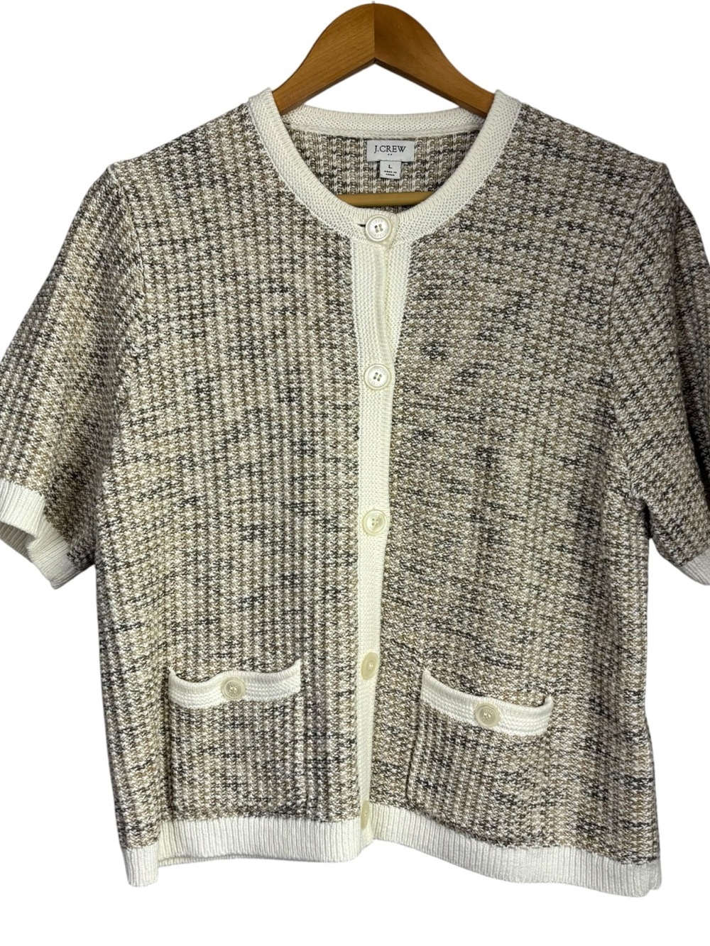 J crew Short-sleeve lady cardigan sweater cotton blend Sandstone Space size L - Picture 5 of 8